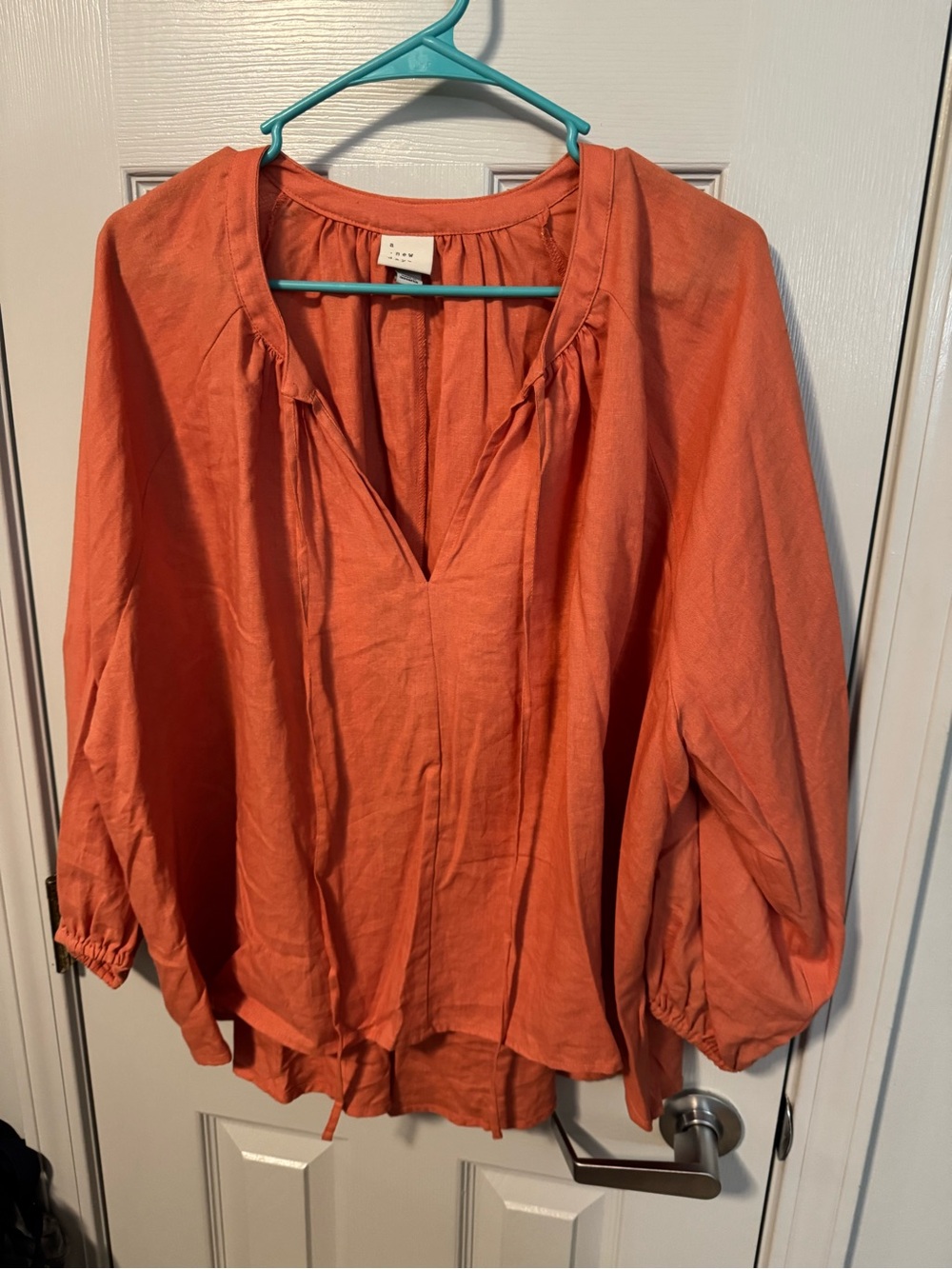 a new day Coral Orange Peasant Blouse with Balloon Sleeves